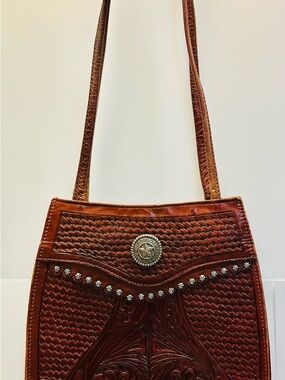 Tooled Brown Leather Shoulder Bag with Concho Detail
